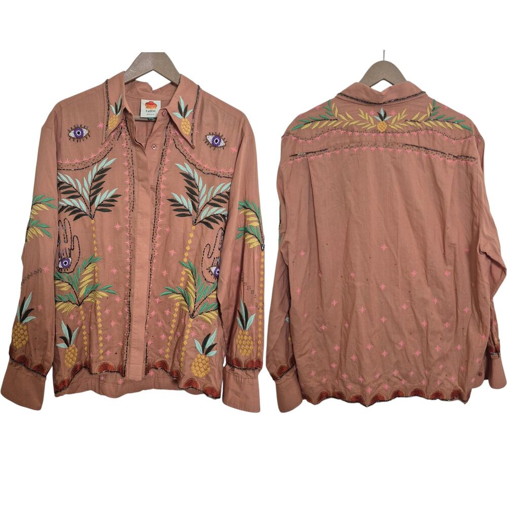 Farm Rio Mystic Palm Pineapple Eyes Beaded Embroidered BOHO Shirt Top Large XL